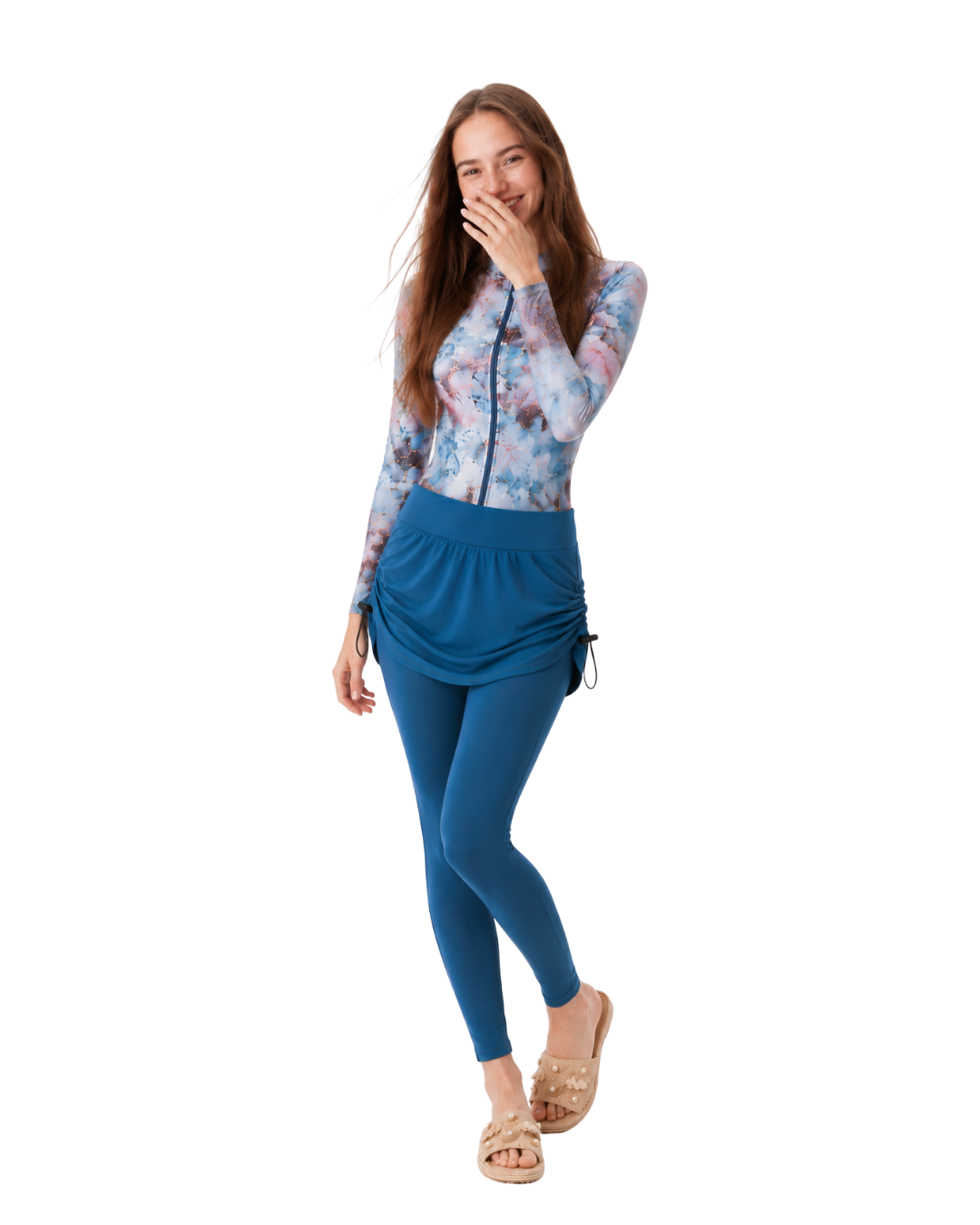 Marble Print 5-Piece Modest Swimwear Set – Blue -طقم مايوه محتشم 5 قطع بطبعة ماربل – أزرق