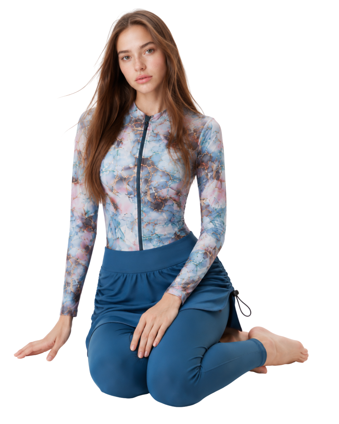 Marble Print 5-Piece Modest Swimwear Set – Blue -طقم مايوه محتشم 5 قطع بطبعة ماربل – أزرق
