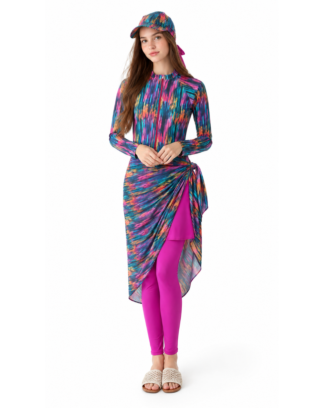Neon Brushstroke 5-Piece Modest Swimwear Set - طقم مايوه محتشم 5 قطع بنقشة الفرشاة النيون