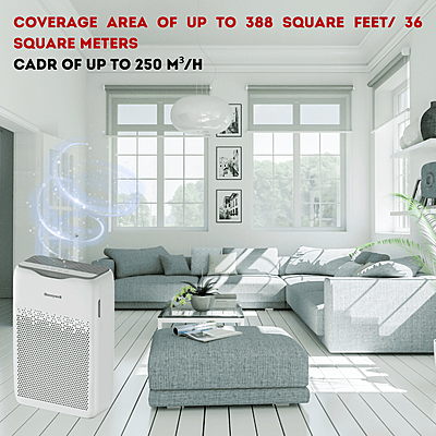 The sleek, white Honeywell Air Touch V2 HEPA Air Purifier operating in a modern Delhi NCR bedroom.