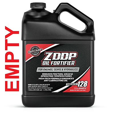 Opti-Lube ZDDP empty one-gallon refill bottle with red EMPTY lettering along the left side Opti-Lube ZDDP empty one-gallon refill bottle with red EMPTY lettering along the left side