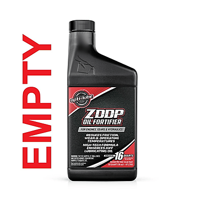 Opti-Lube ZDDP empty 16 oz refill bottle with red EMPTY lettering along the left side Opti-Lube ZDDP empty 16 oz refill bottle with red EMPTY lettering along the left side