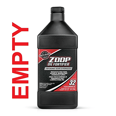 Opti-Lube ZDDP empty quart refill bottle with red EMPTY lettering along the left side Opti-Lube ZDDP empty quart refill bottle with red EMPTY lettering along the left side