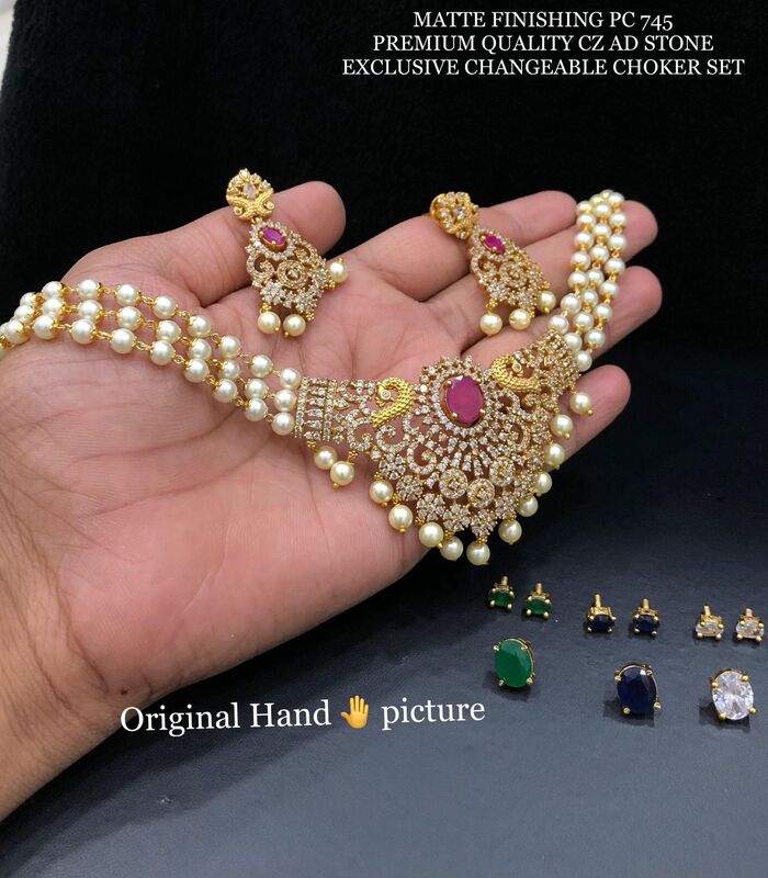 V735: Beautiful Matte Finishing Premium Quality CZ AD Stone Changeable Choker Set