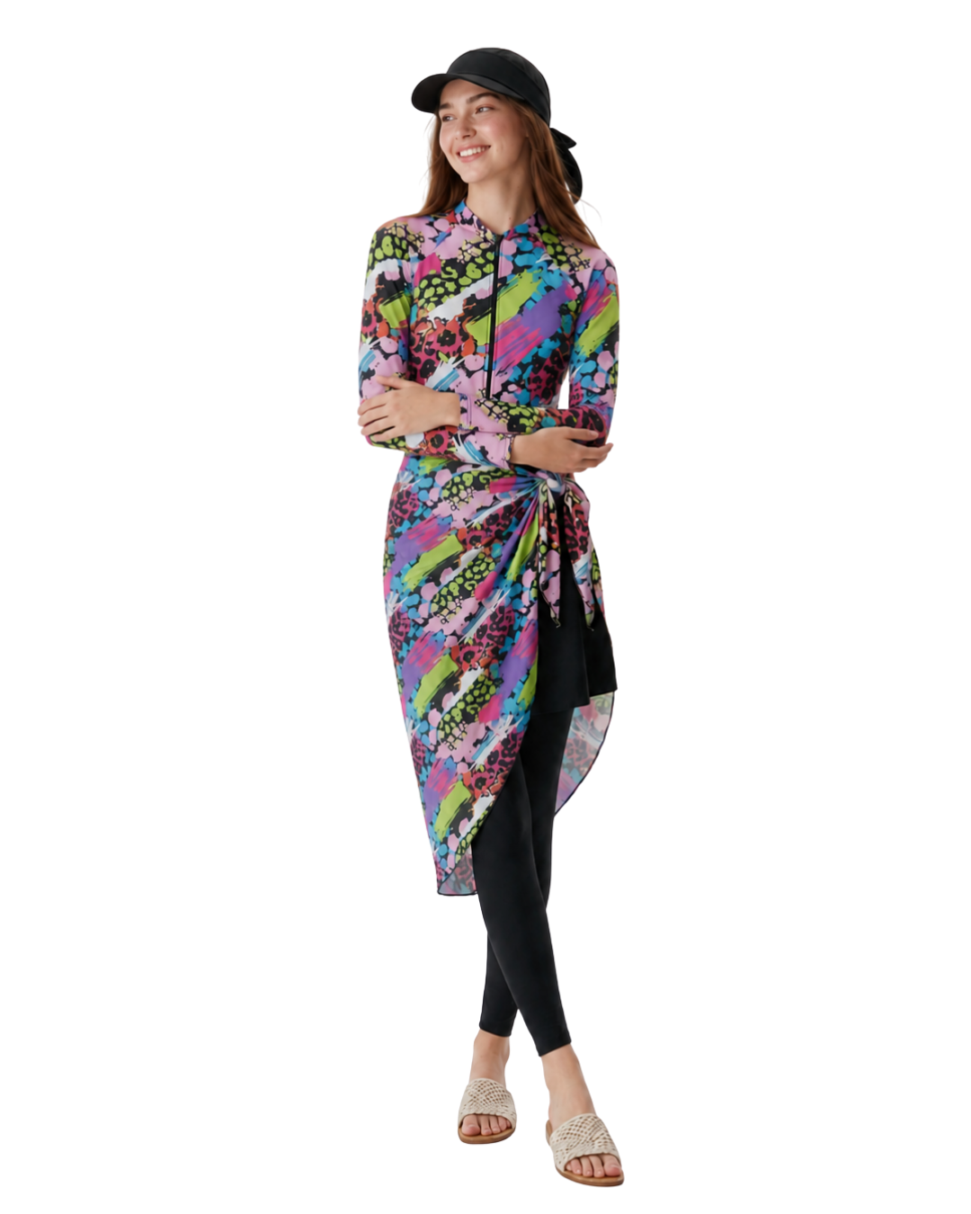 5Piece Modest Swimwear Set Vibrant Print  طقم مايوه محتشم 5 قطع بطبعة ملونة مع تنورة وليجنج