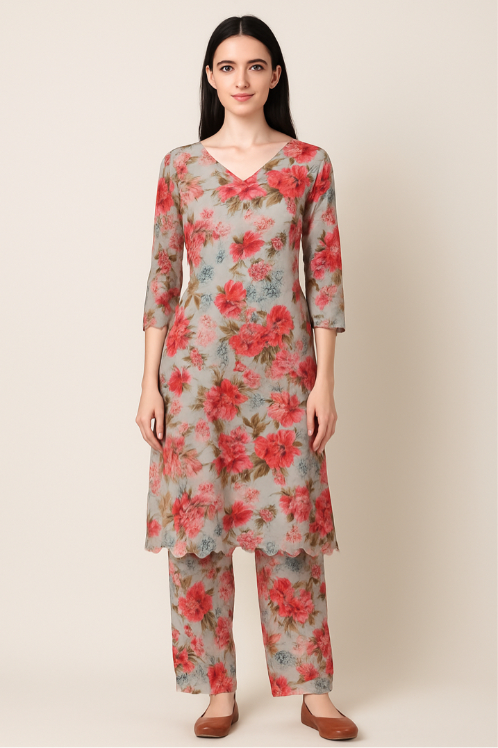 Muslin Kurti Set in Floral Print Pastel Blue and Pink- Unique Casual Wear
