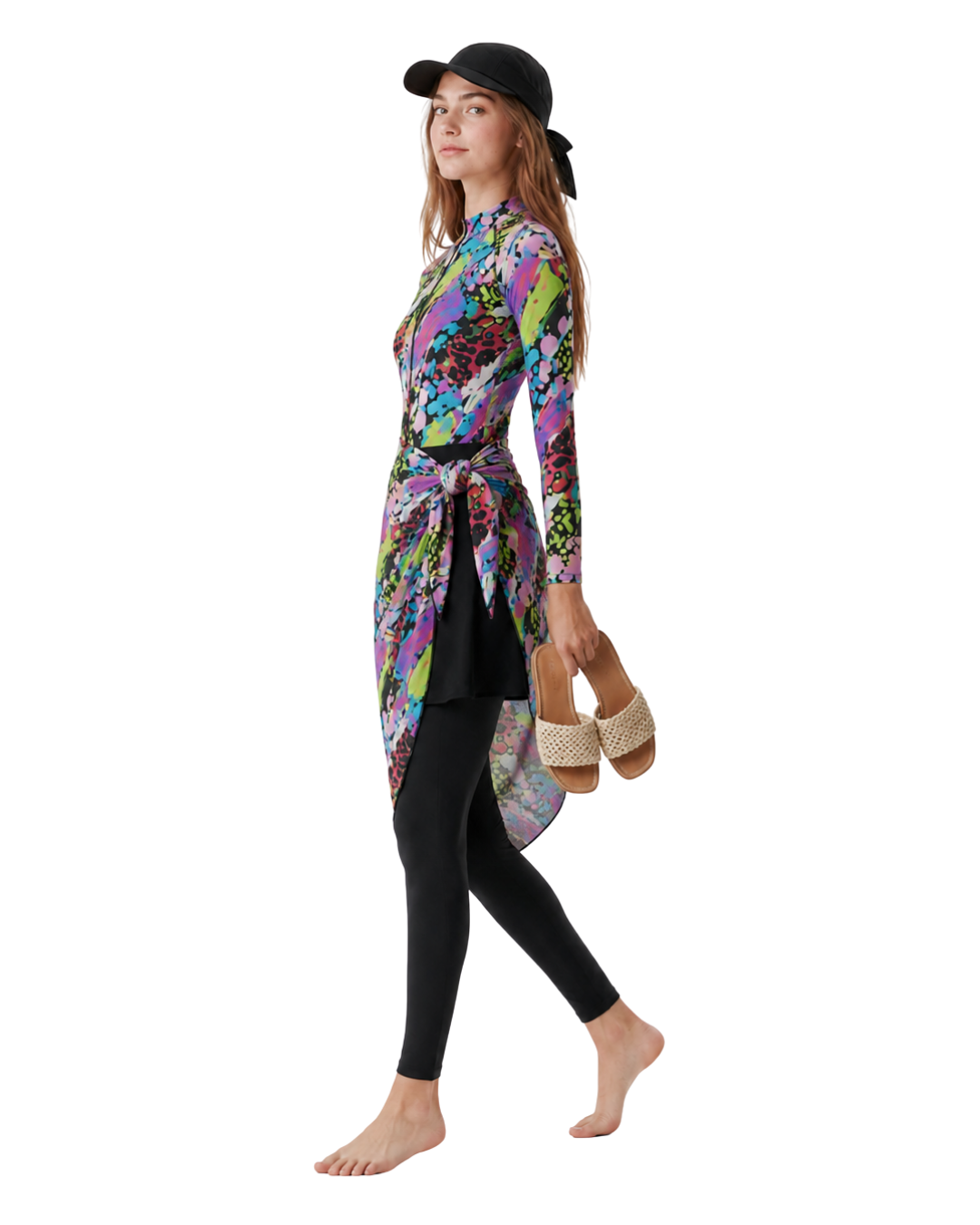 5Piece Modest Swimwear Set Vibrant Print طقم مايوه محتشم 5 قطع بطبعة ملونة مع تنورة وليجنج