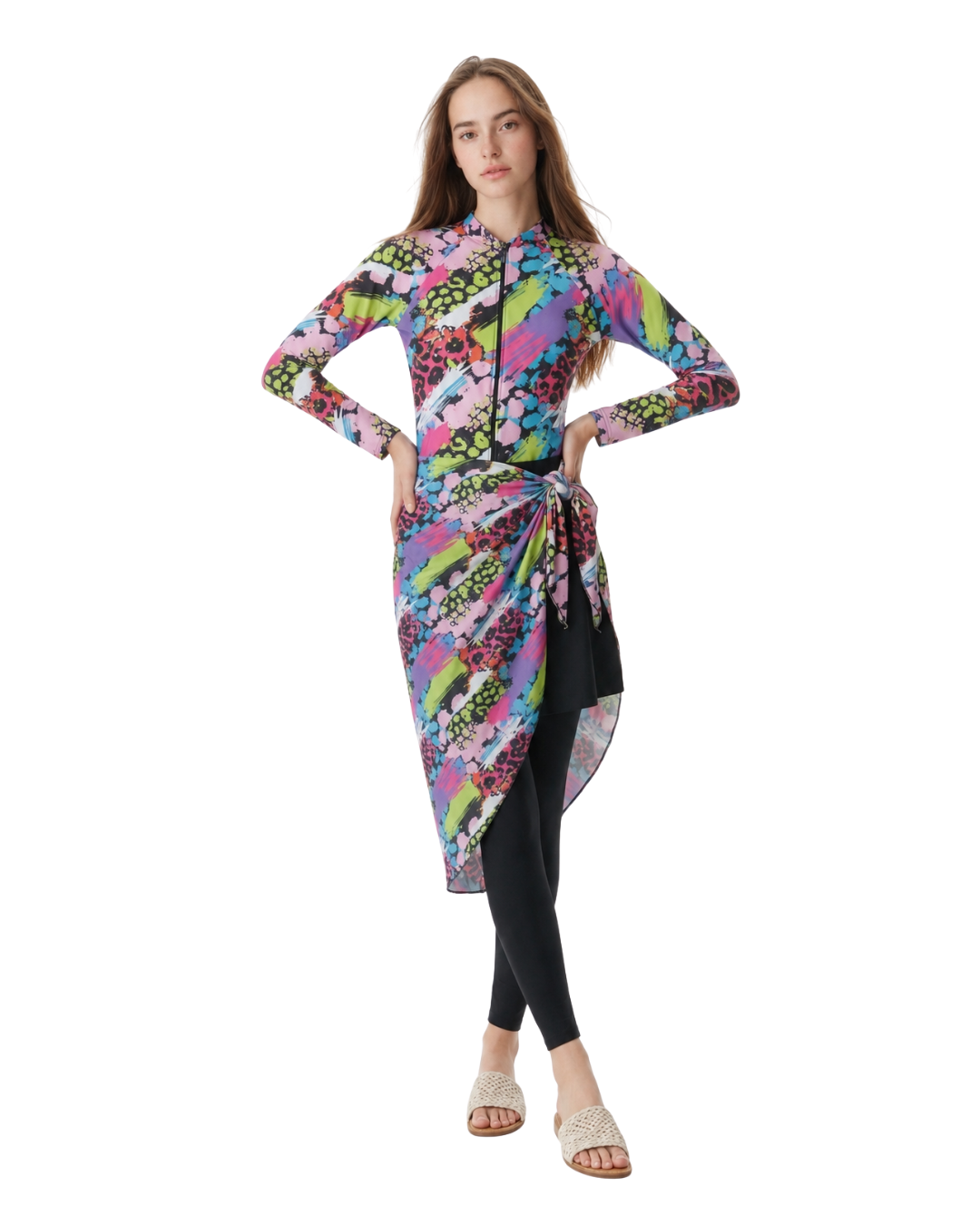 5Piece Modest Swimwear Set Vibrant Print طقم مايوه محتشم 5 قطع بطبعة ملونة مع تنورة وليجنج