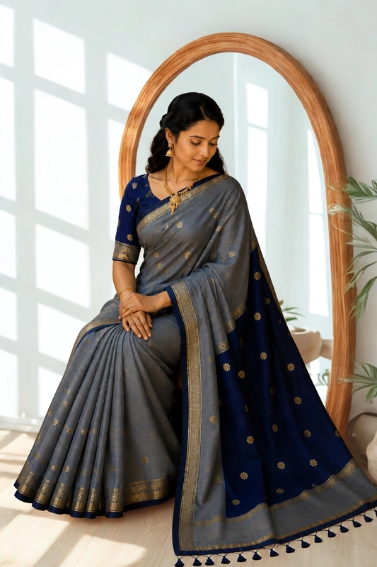 Maheswari Silk Cotton Grey With Blue