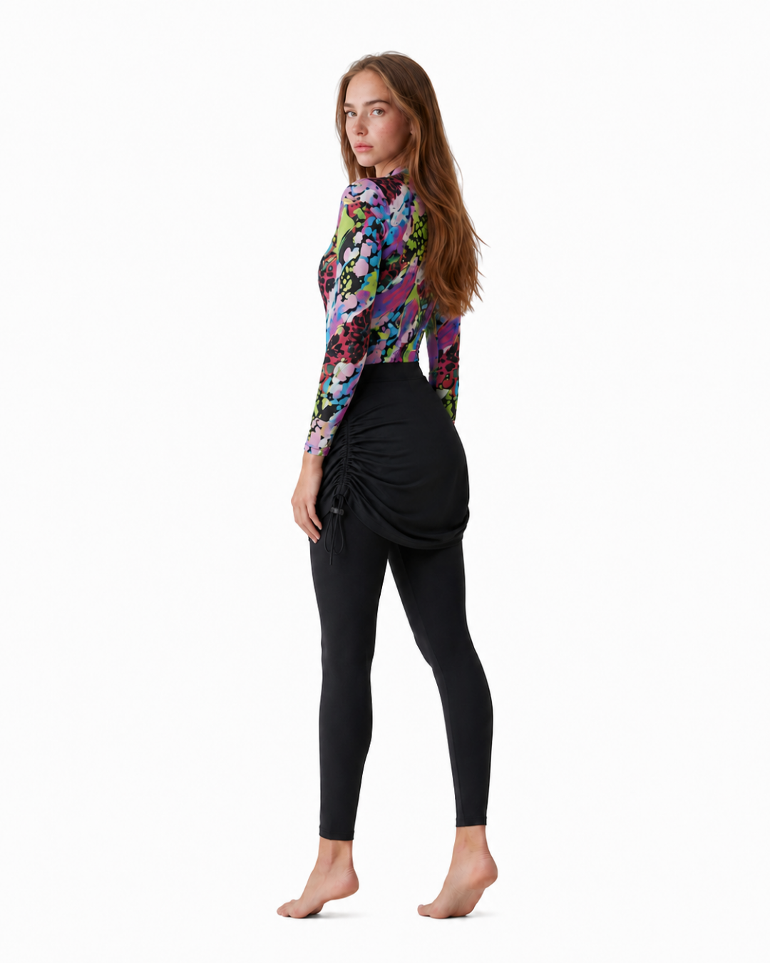 5Piece Modest Swimwear Set Vibrant Print طقم مايوه محتشم 5 قطع بطبعة ملونة مع تنورة وليجنج