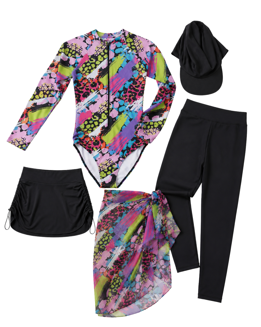 5Piece Modest Swimwear Set Vibrant Print طقم مايوه محتشم 5 قطع بطبعة ملونة مع تنورة وليجنج