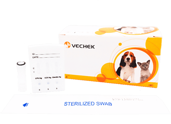 Prueba Rápida del Antígeno de Parvovirus Canino (CPV) y Antígeno del Coronavirus (CCV) y Antígeno de Giardia lamblia en cassette - Caja con 10 pruebas - VECHEK