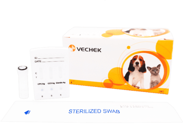 Prueba Rápida del Antígeno de Parvovirus Canino (CPV) y Antígeno del Coronavirus (CCV) y Antígeno de Giardia lamblia en cassette - Caja con 10 pruebas - VECHEK