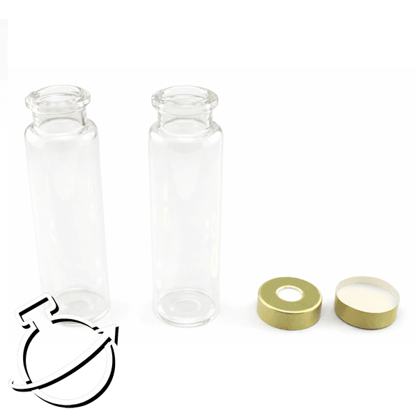Clear Glass 20ml Headspace Vial 23 x 75mm, Bevel Top/Flat Bottom, Magnetic Steel Crimp Cap 20mm w/ PTFE/Silicone
