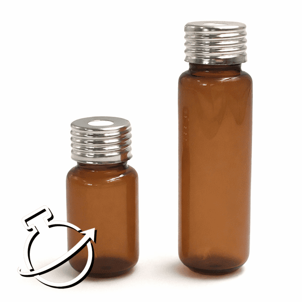 Amber Glass 20ml Screw Top Headspace Vial 23 x 75mm, Round Bottom, Screw Top w/ 1.6 mm Butyl/ Red PTFE Septa