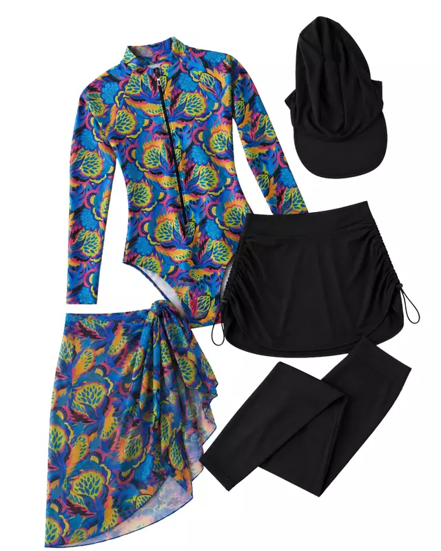 5-Piece Modest Floral Swimwear Set - طقم مايوه محتشم 5 قطع بنقشة زهور ملونة