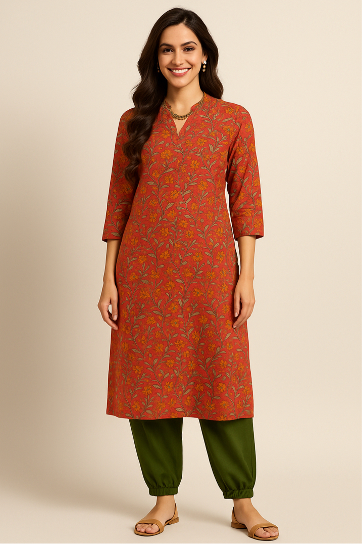 Sanganeri printed Muslin Kurti-Straight Kurti Set Brick Orange-Casual Wear- High Nexk