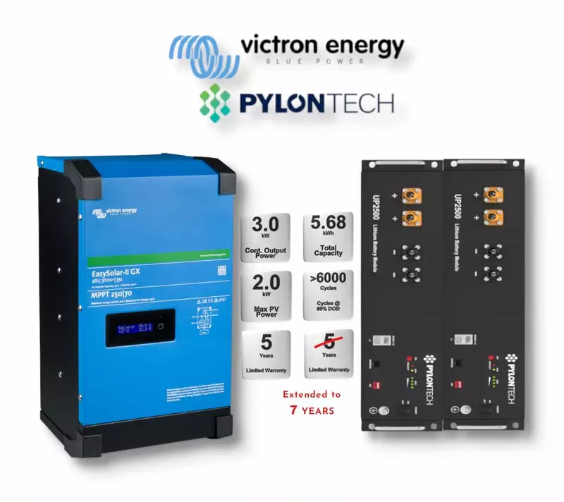 3.0 kW VICTRON EasySolar - PYLONTECH Combo, c/w 2x 2.84 kWh, 24V Lithium Batteries 3.0 kW VICTRON EasySolar - PYLONTECH Combo, c/w 2x 2.84 kWh, 24V Lithium Batteries