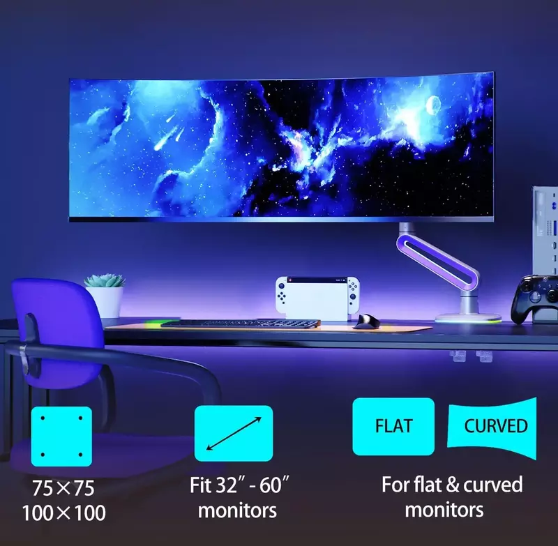 NB NORTH BAYOU G70 GAMING Monitor Stand ARM RGB DESK MOUNT - 22-inch up to 60-inch monitors