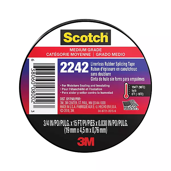 3M 2242 Linerless Electrical Rubber Insulating Tape, 3/4 in x 15 ft, Black