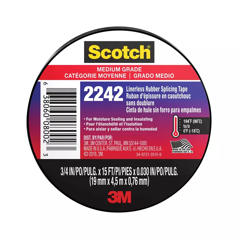 3M 2242 Linerless Electrical Rubber Insulating Tape, 3/4 in x 15 ft, Black