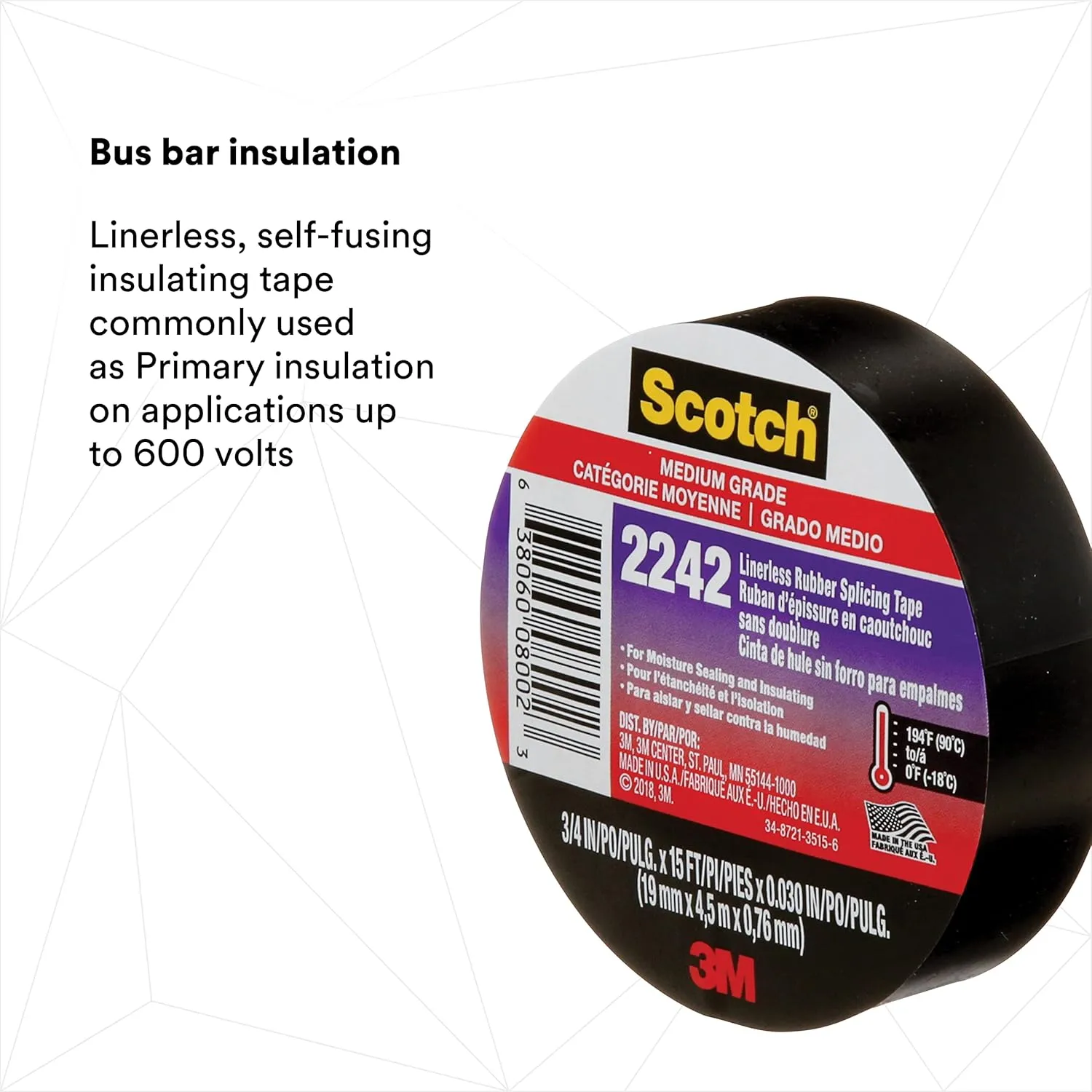 3M 2242 Linerless Electrical Rubber Insulating Tape, 3/4 in x 15 ft, Black