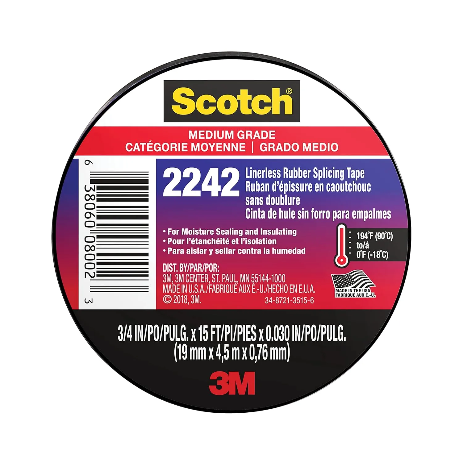 3M 2242 Linerless Electrical Rubber Insulating Tape, 3/4 in x 15 ft, Black