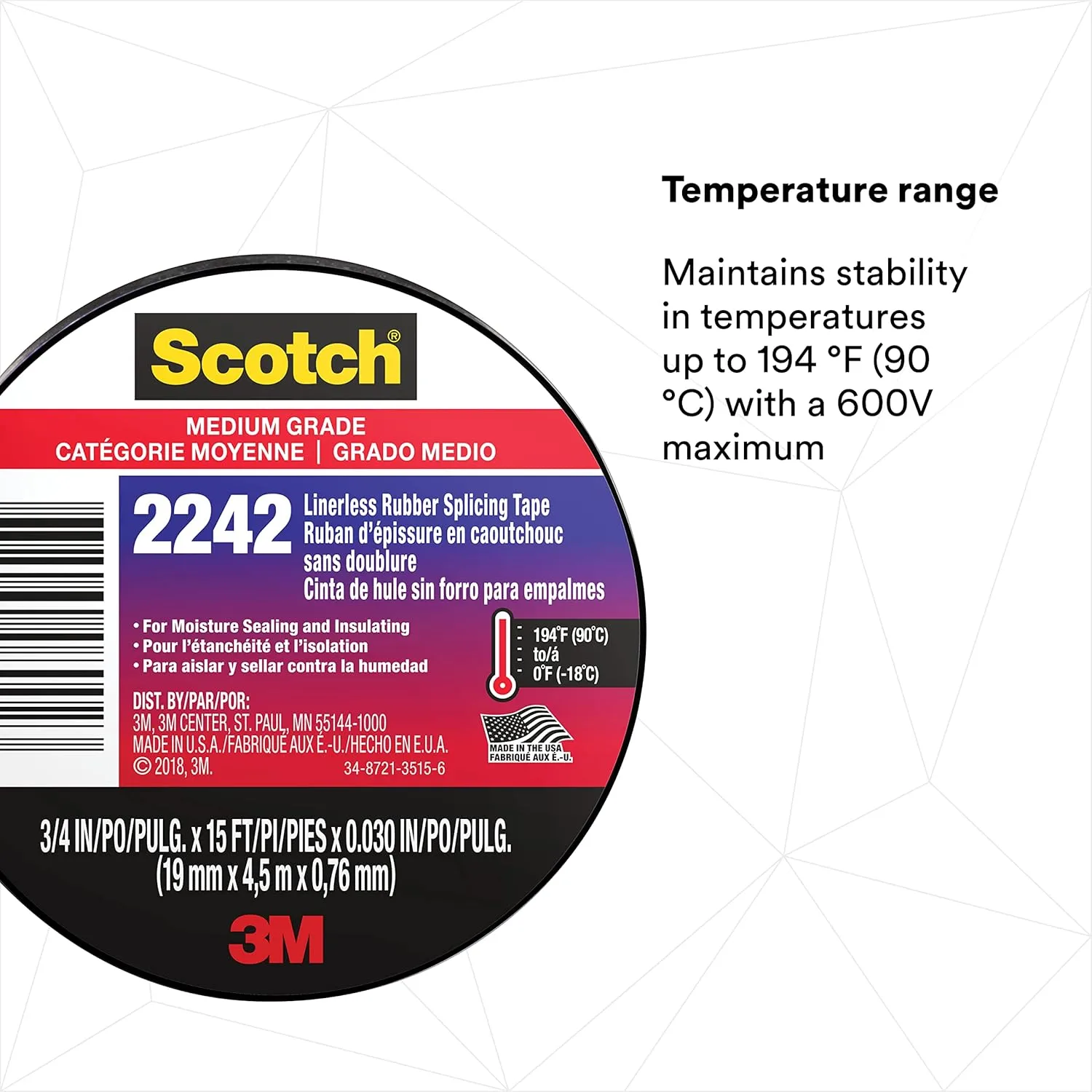 3M 2242 Linerless Electrical Rubber Insulating Tape, 3/4 in x 15 ft, Black