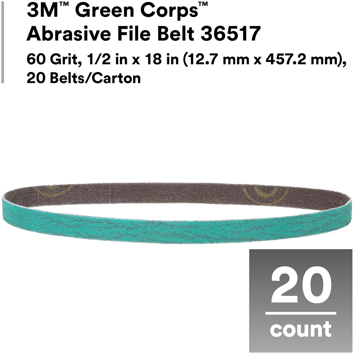 3M Green Corps Abrasive File Belt, Resin-Bonded, 1/2 in x 18 in, Pack of 20