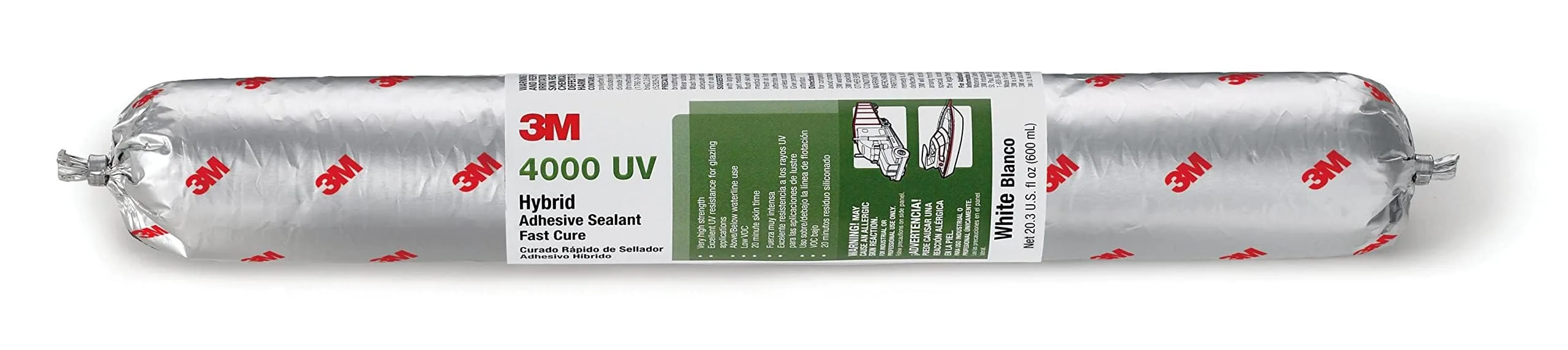 3M 4000 UV Hybrid Adhesive Sealant Fast Cure, 40 Shore A Hardness, 600mL Sausage, White