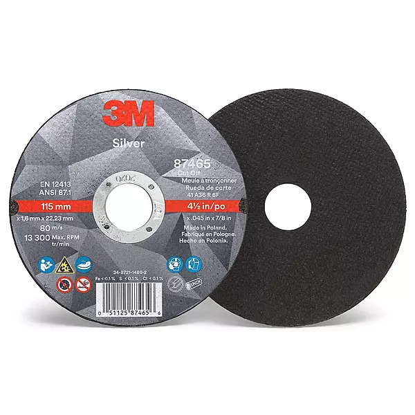 3M 87465 Silver Cut-off Wheel, 4-1/2" x 0.45" x 7/8" T1, Ceramic Grain, 36 Grit, Lot of 50