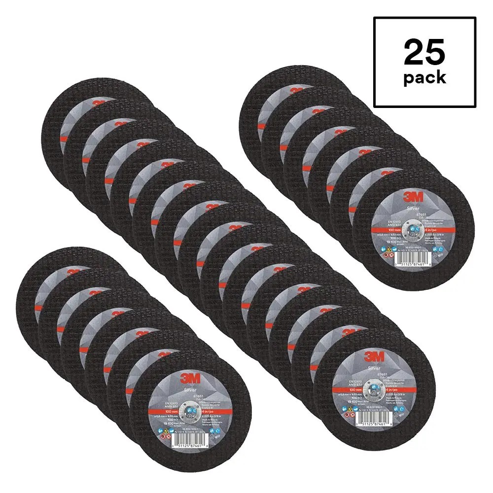3M Silver Cut-Off Wheel, 87461, T1, 4 in x .035 in x 3/8 in, Pack of 25, Precision Shaped Grain, Pipe Cutting, Stainless and Mild Steel, Metal Fabrication, Metalworking