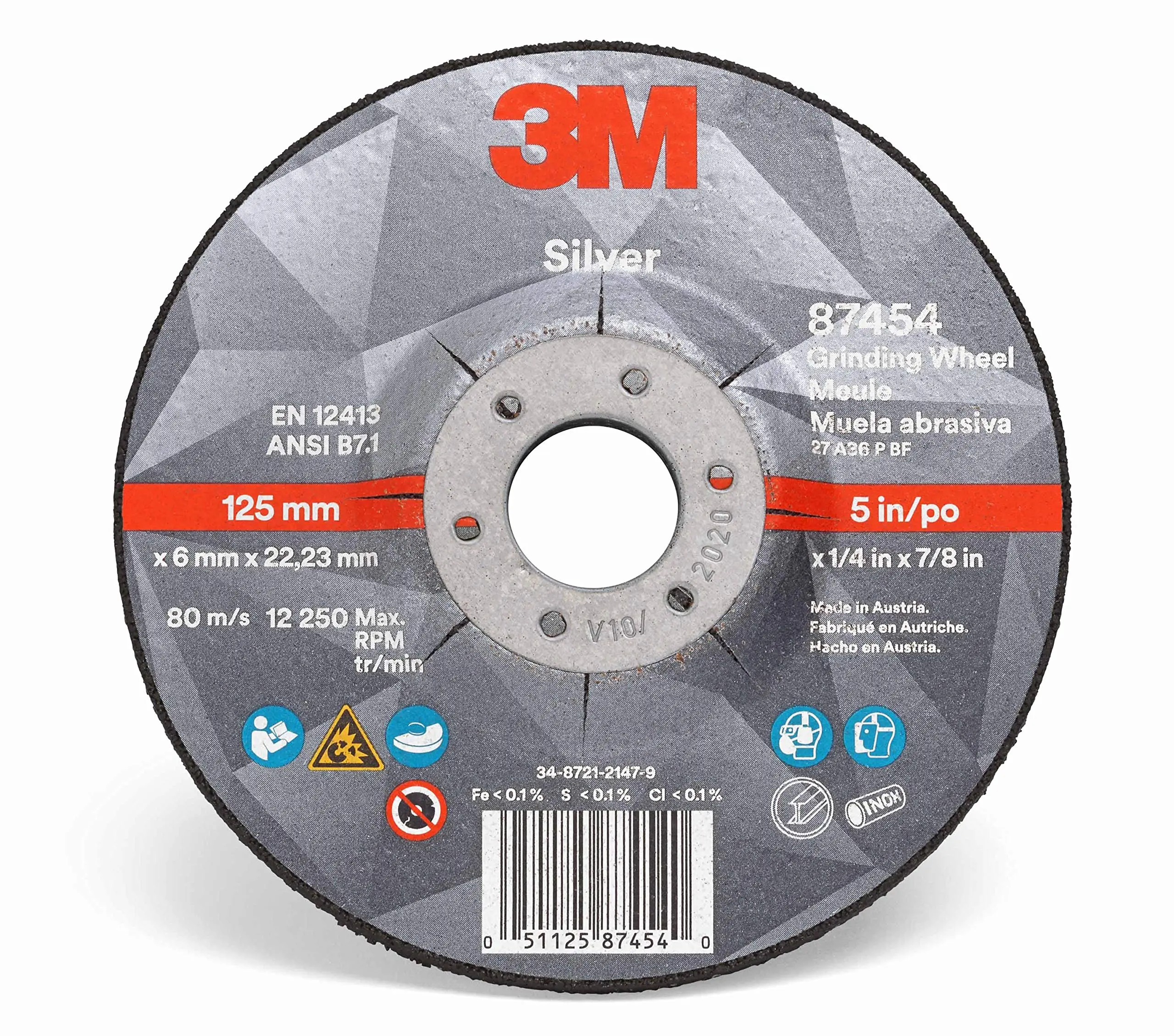 3M Silver Grinding Wheel AB87454, 5 in x 1/4 in x 7/8 in, Type 27 - Total 10 Wheels