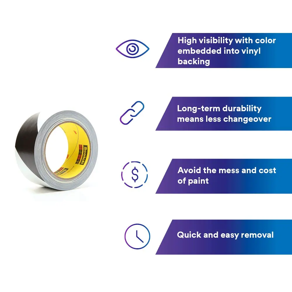 3M Striped Vinyl Safety Tape 5700 - High Visibility Caution Tape Roll for Lane and Floor Marking - 2" x 36 yards, 5.4 Mil, Black and White (1 Roll)