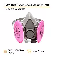 3M Half Facepiece Reusable Respirator Assembly Kit 6191, Size Small, P100, Lightweight, Comfortable, Easy to Adjust