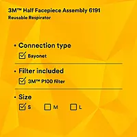 3M Half Facepiece Reusable Respirator Assembly Kit 6191, Size Small, P100, Lightweight, Comfortable, Easy to Adjust