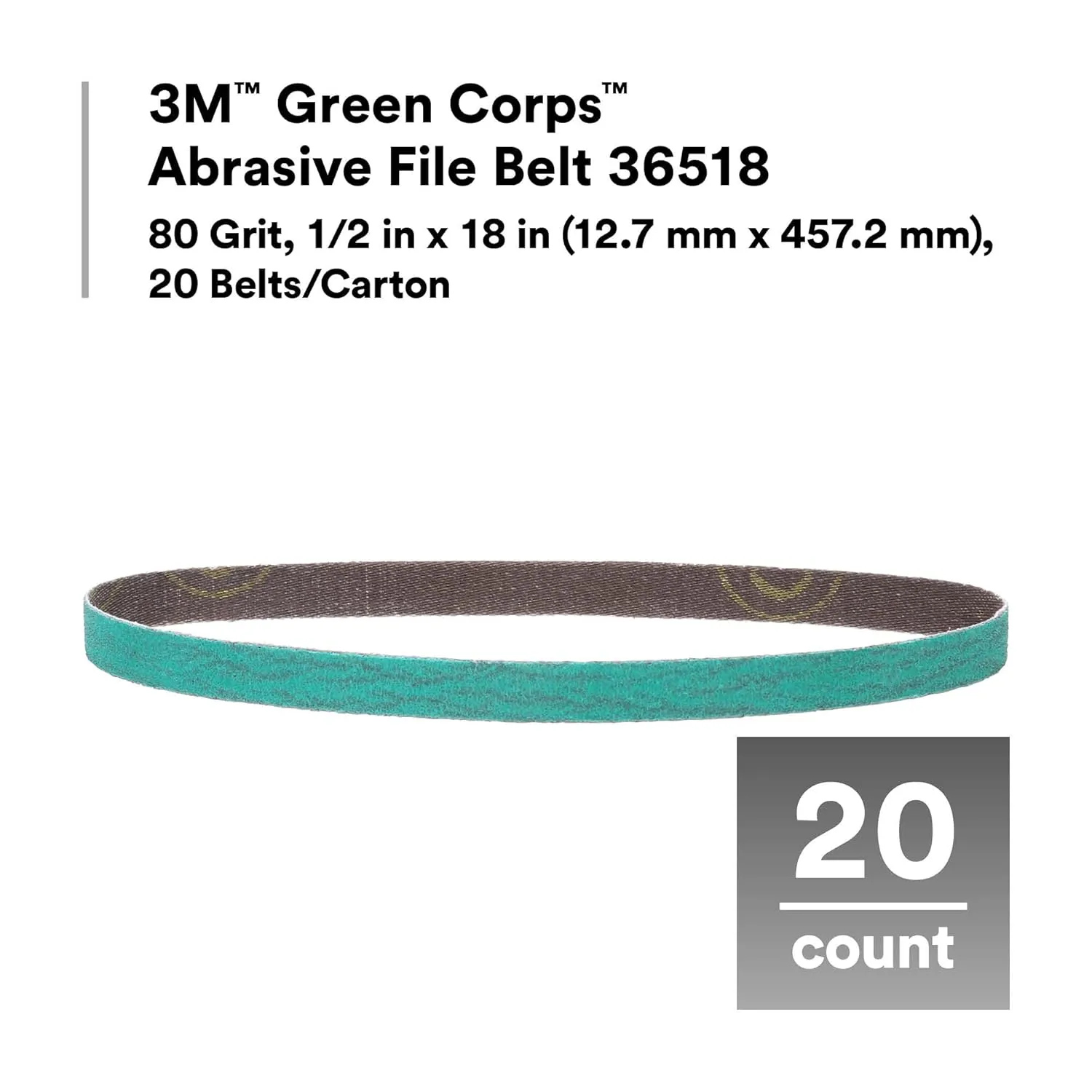 3M Green Corps Abrasive File Belt 36518, 80 Grit, 1/2 in x 18 in, 20 Belts/Carton