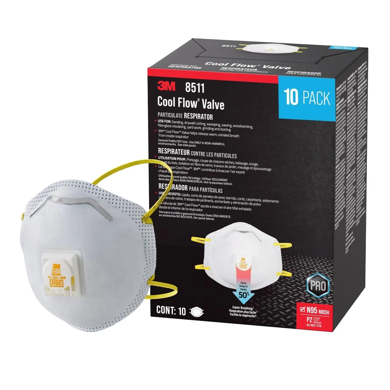 3M N95 Respirator 8511, Cool Flow Valve, 10 Pack, NIOSH-APPROVED