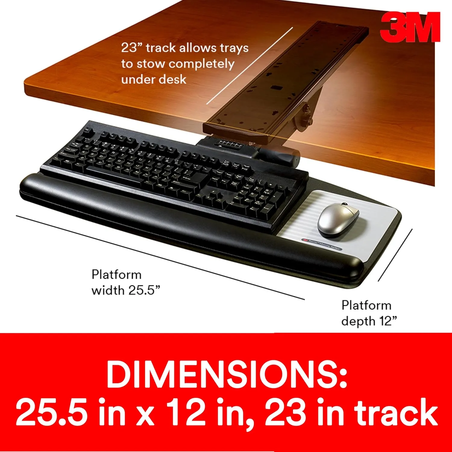 3M Keyboard Tray, Just Lift To Adjust Height And Tilt, Includes Gel Wrist Rest & Precise Mouse Pad, 23" Track, Black (AKT90LE)