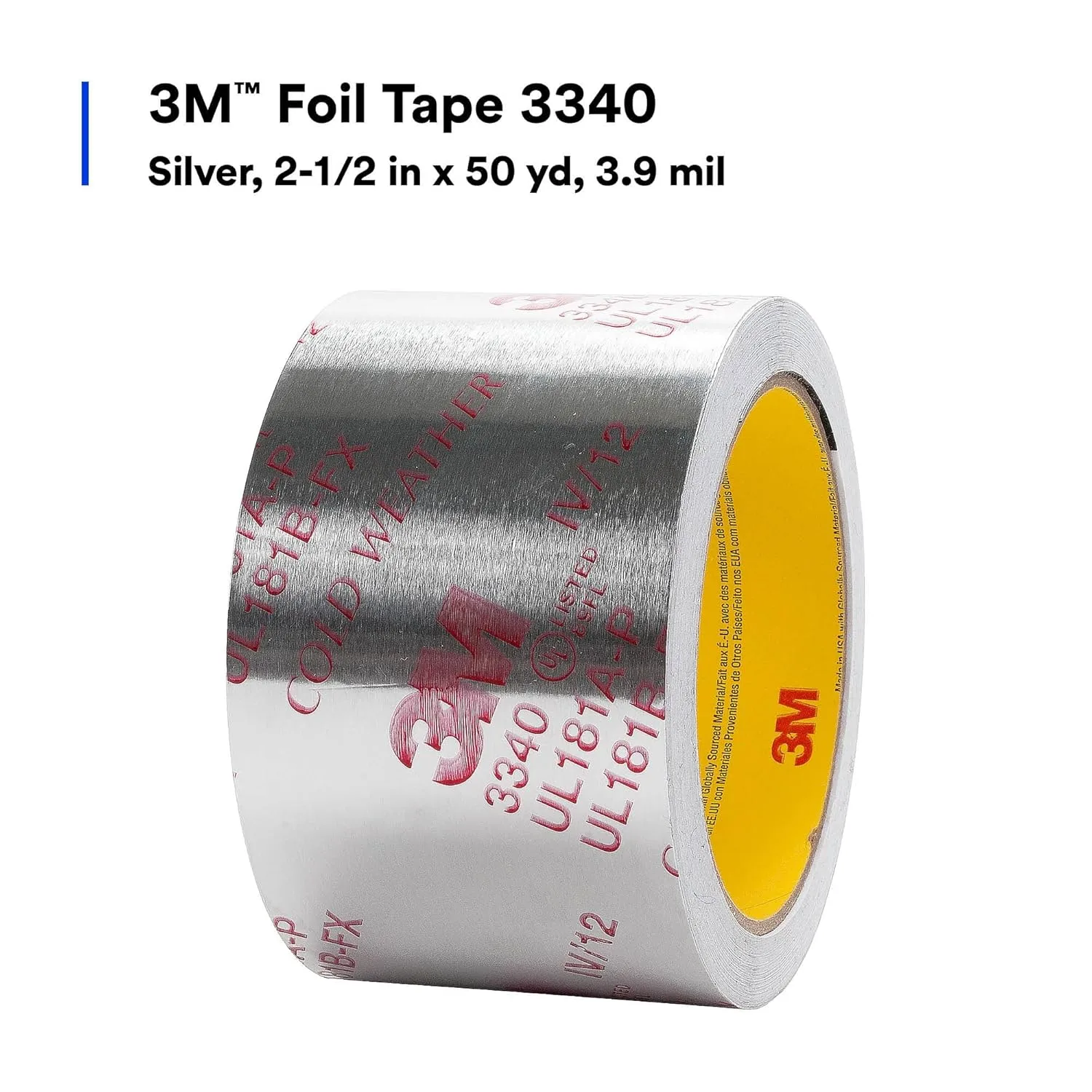 3M Aluminum Foil Tape 3340 – 2.5 in x 50 yd, 4.0 mil, Silver