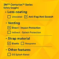 3M Centurion Safety Impact Goggle 452AF, 40301-00000-10 Clear Anti-Fog Lens, Pack of 1