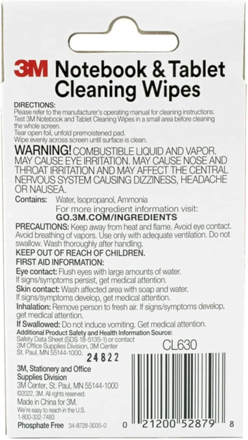 3M Notebook Screen Cleaning Wipes, 3.9 x 6.9 Inches (CL630), White, 24 individual wet wipes (Packaging may vary)