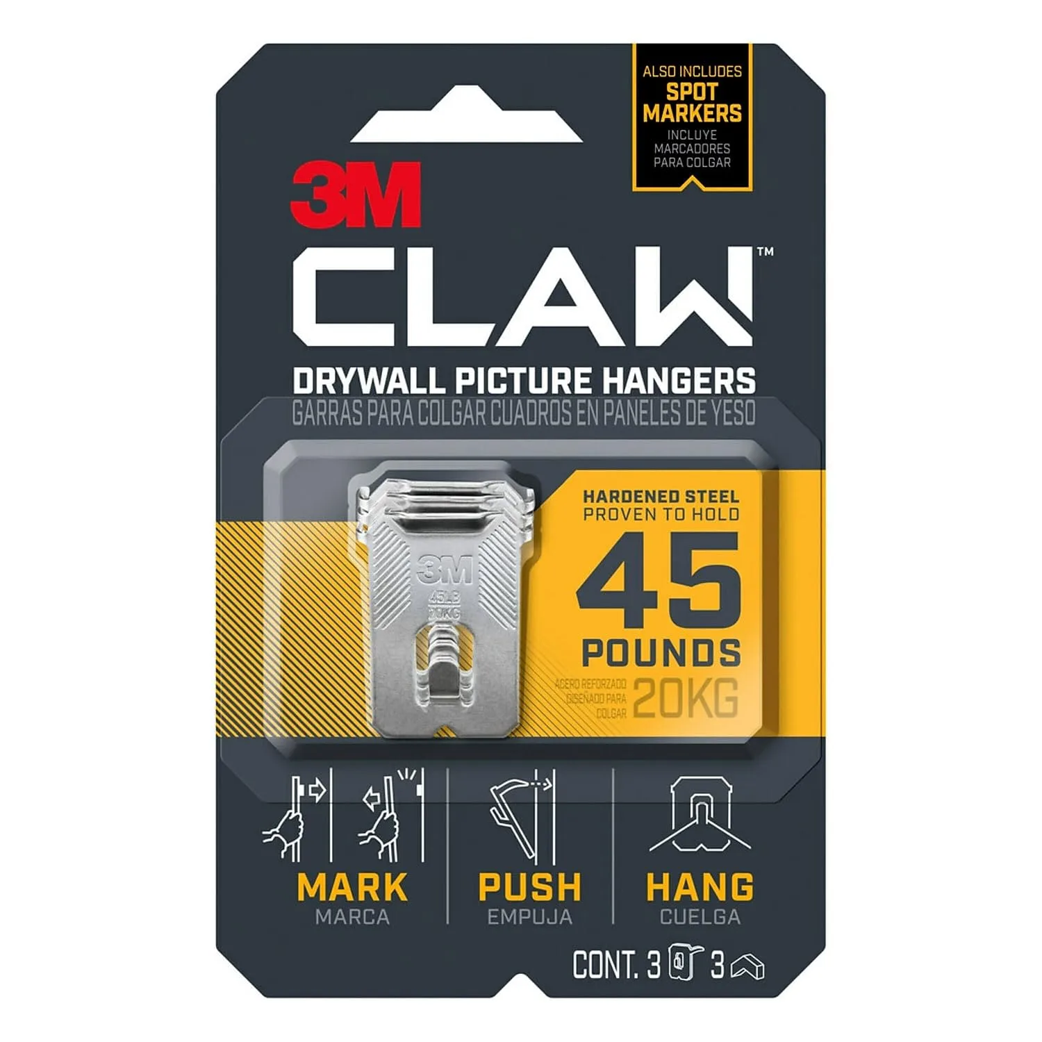 3M CLAW Drywall Picture Hanger, 45 lb Capacity, 3 Pack