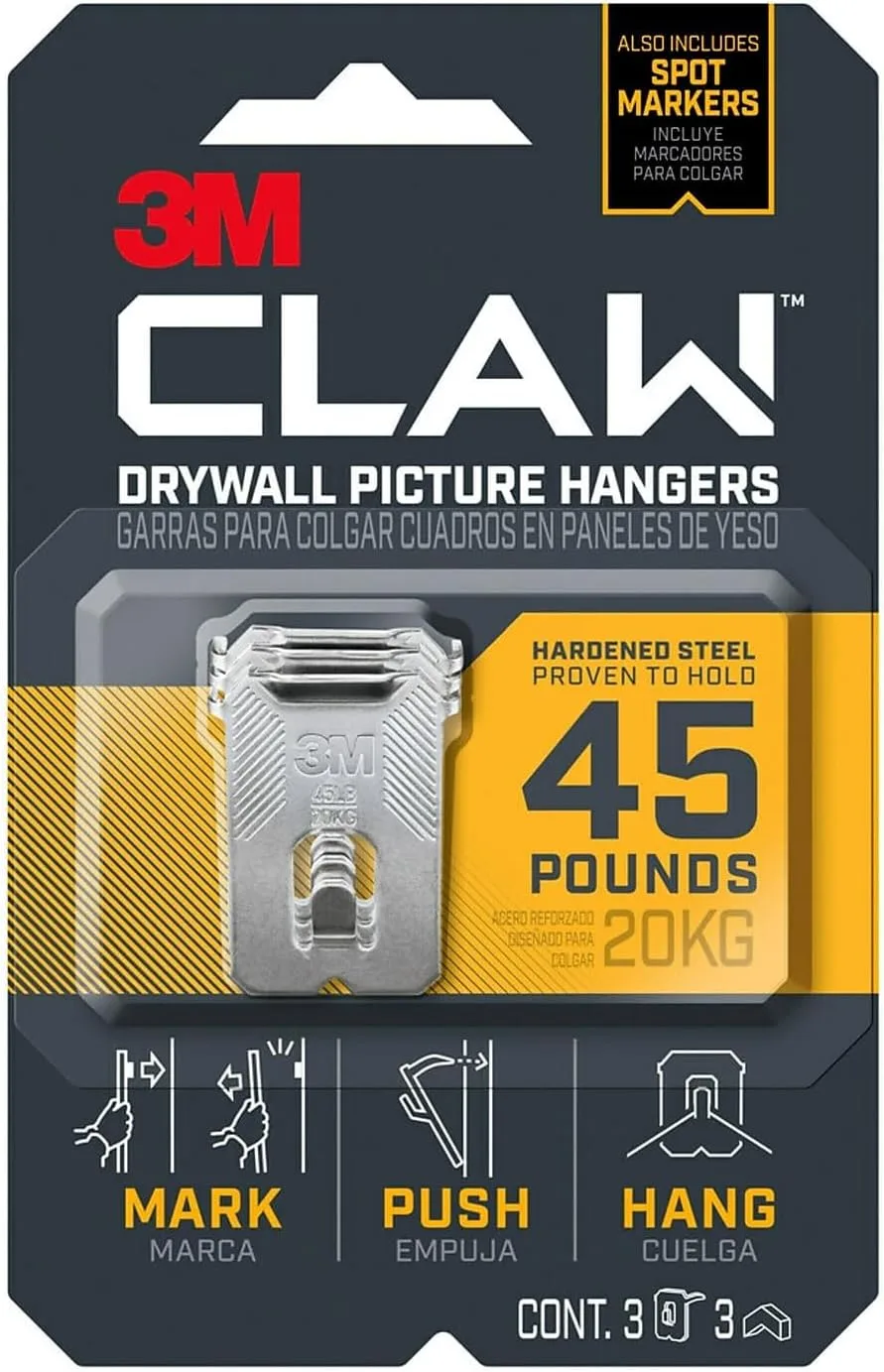 3M CLAW Drywall Picture Hanger, 45 lb Capacity, 3 Pack