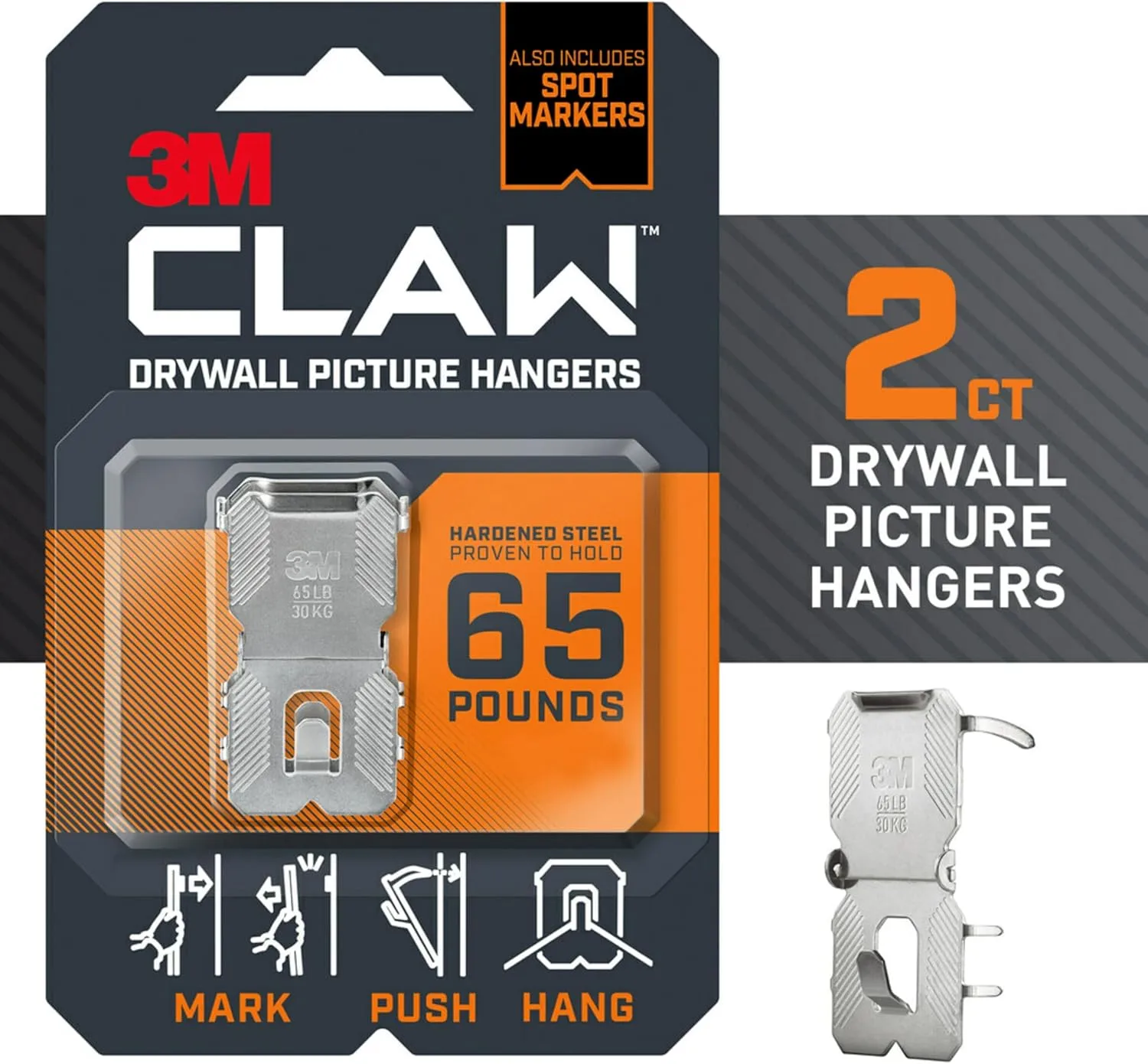 3M CLAW 65 lb. Drywall Picture Hanger with Spot Marker, Gray, 2 Hangers, 2 Spot Markers