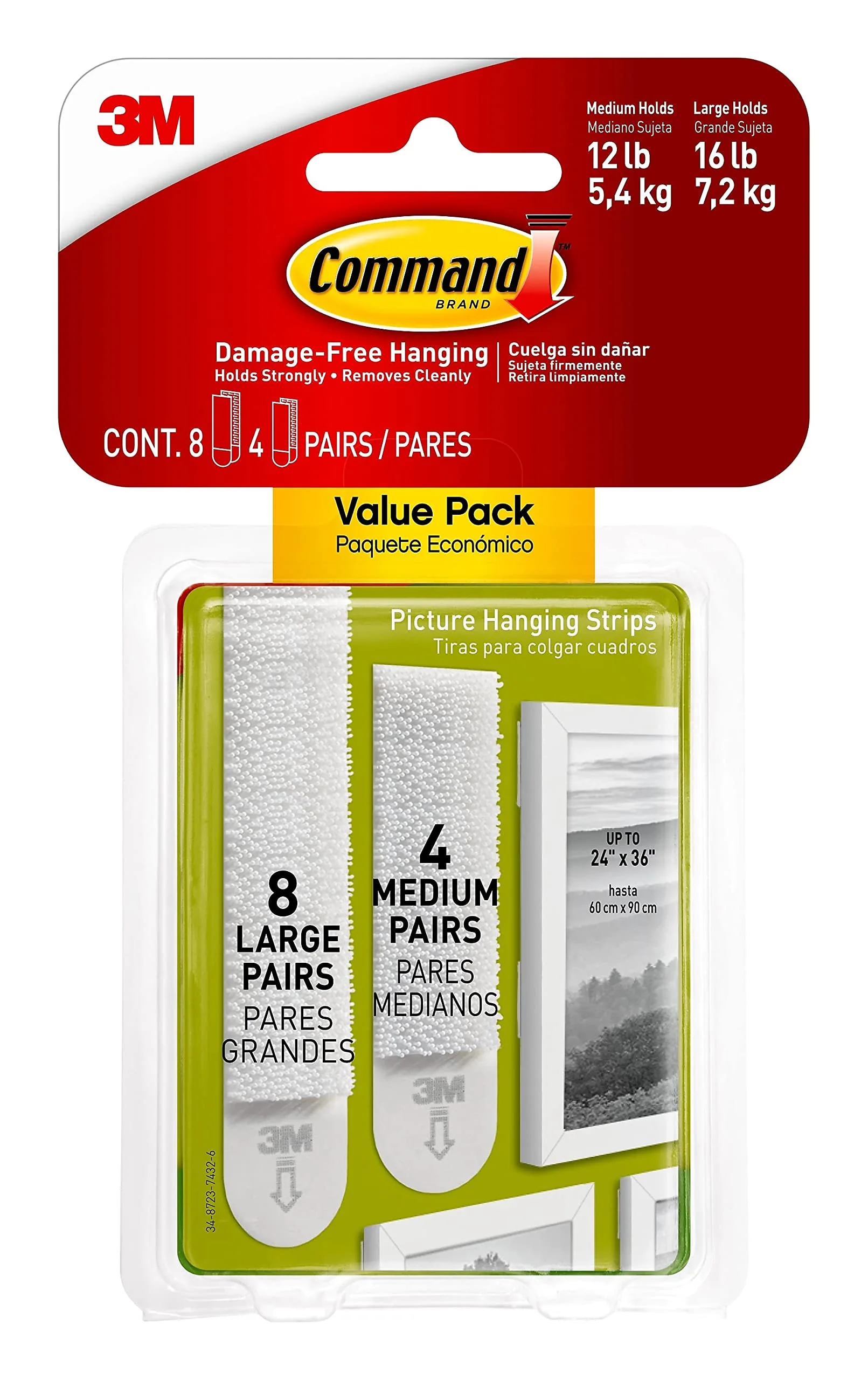 Command Picture Hanging Strips, 12 Pairs (8 Large, 4 Medium) - White, Damage-Free Hanging