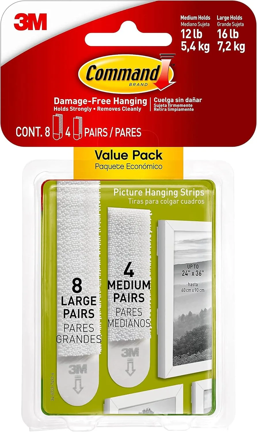 Command Picture Hanging Strips, 12 Pairs (8 Large, 4 Medium) - White, Damage-Free Hanging