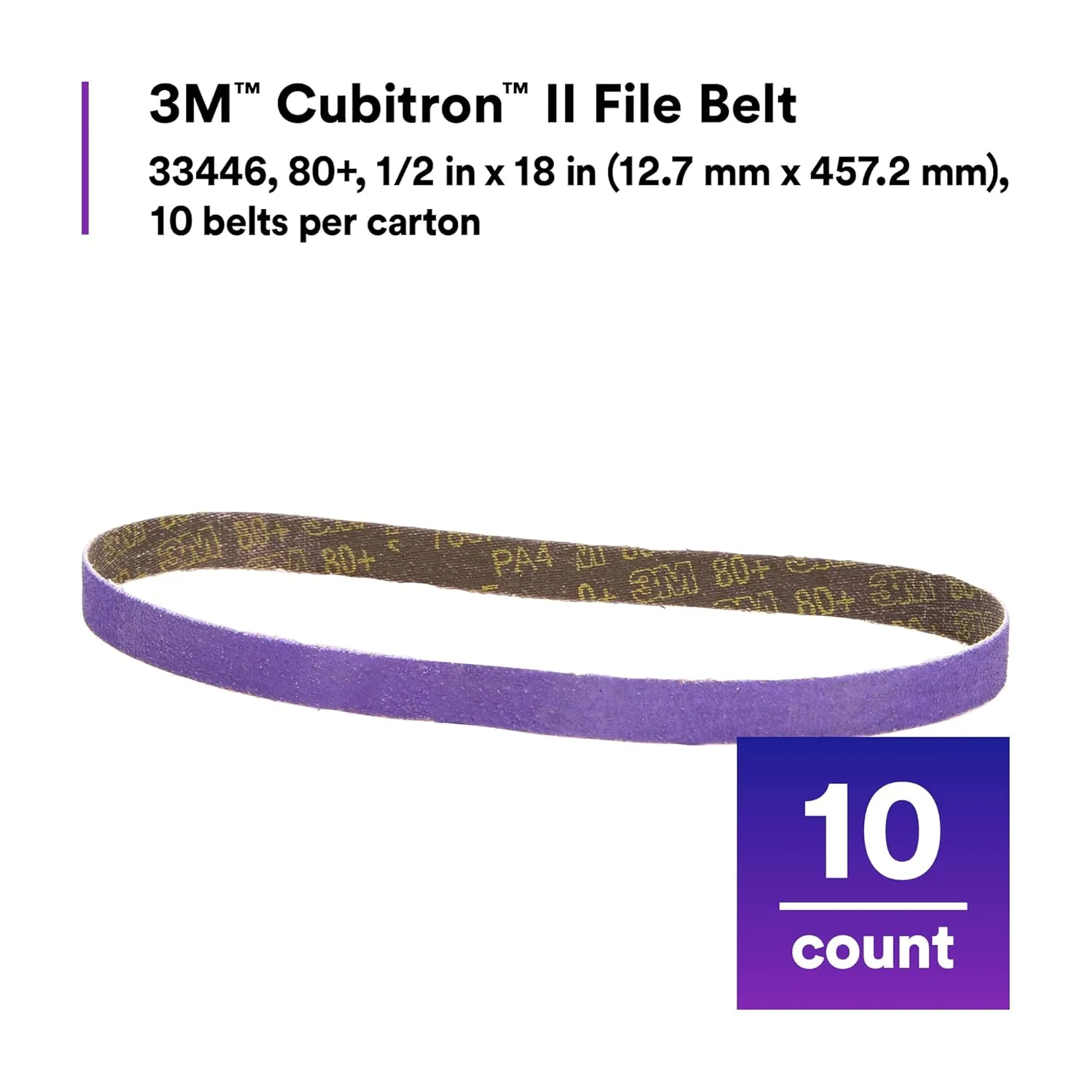 3M Cubitron II File Belt 33446, 80+ Grit, 1/2 in x 18 in, Pack of 20