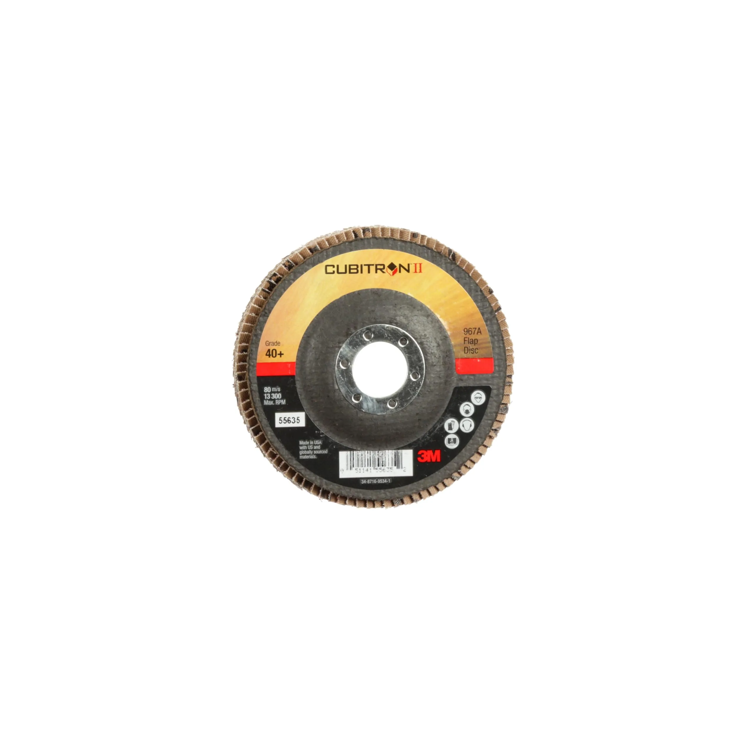 3M Cubitron II Flap Disc 967A, 40+, T27, 4-1/2 in x 7/8 in, Giant, Pack of 10, Medium Pressure Applications, Light Deburring