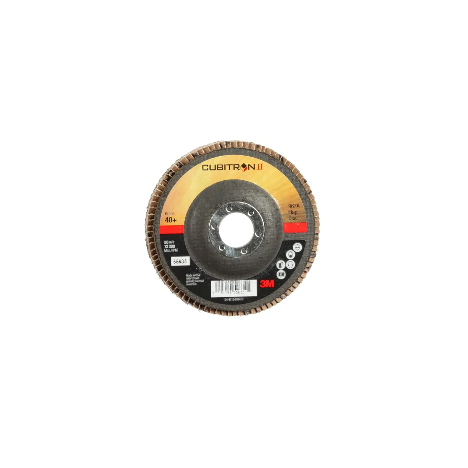 3M Cubitron II Flap Disc 967A, 40+, T27, 4-1/2 in x 7/8 in, Giant, Pack of 10, Medium Pressure Applications, Light Deburring